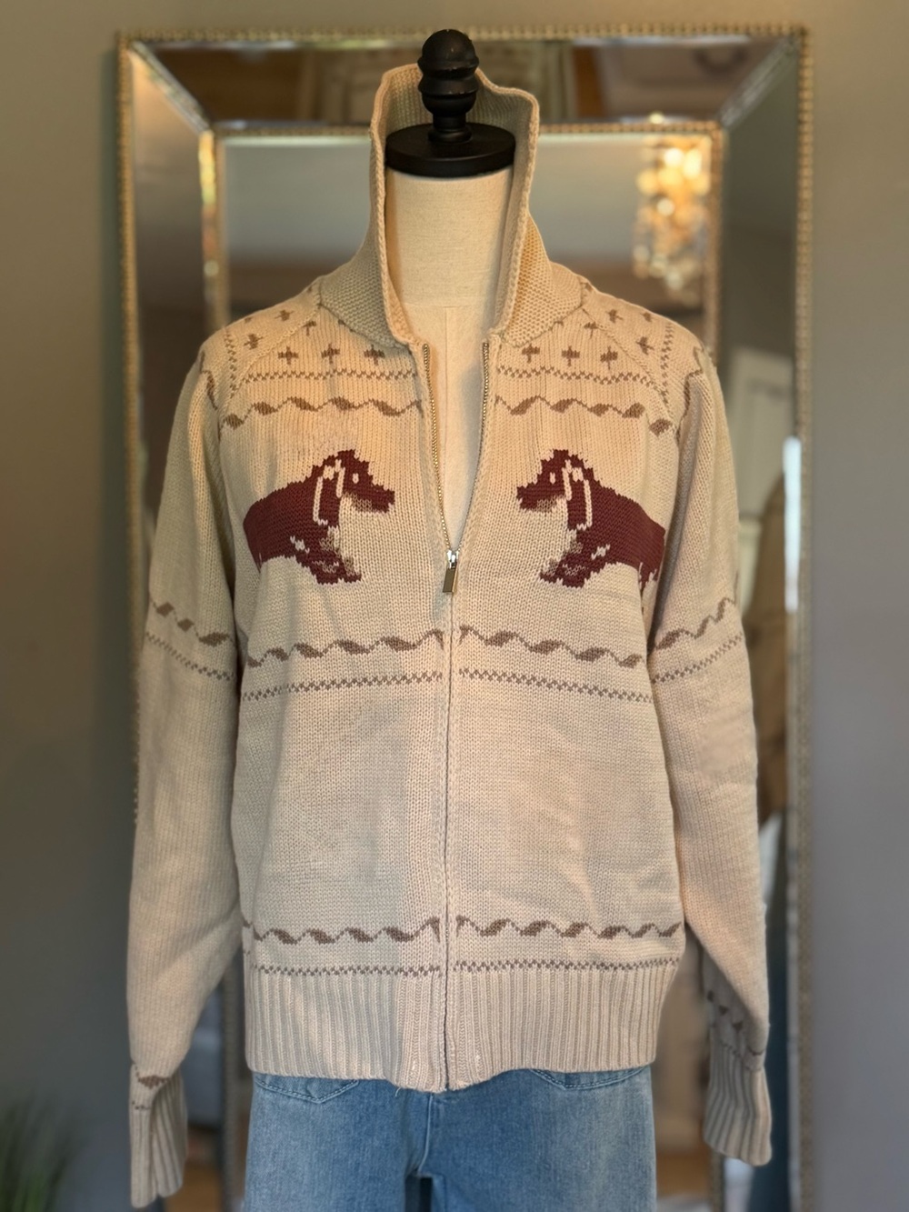 NWT In Loom Dachshund Zip Cardigan Cream & Chestnut Brown Knit Sweater M